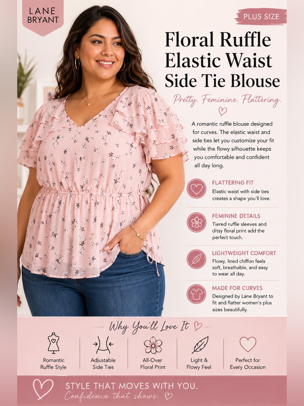 Lane Bryant Floral Ruffle Elastic Waist Side Tie
Blouse Pink Plus Size…